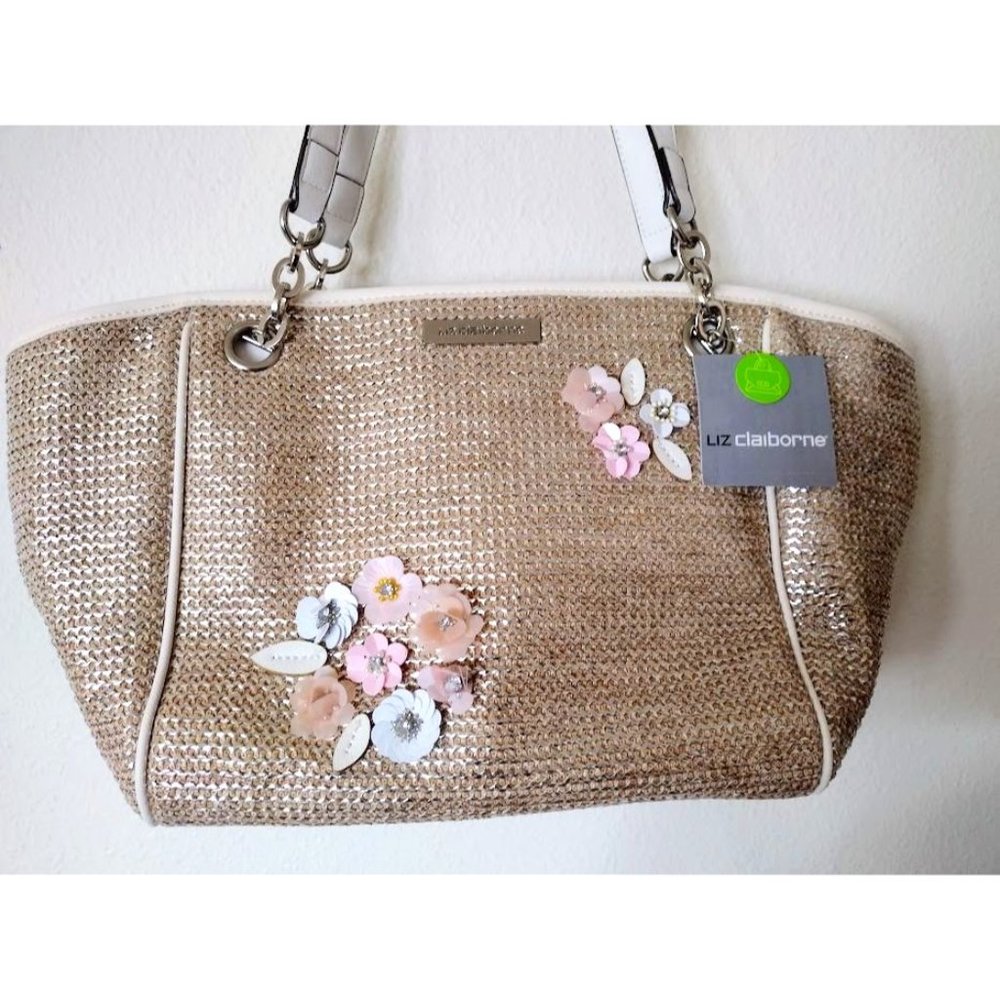 LIZ CLAIBORNE Floral Silver / Gold Handbag Tote